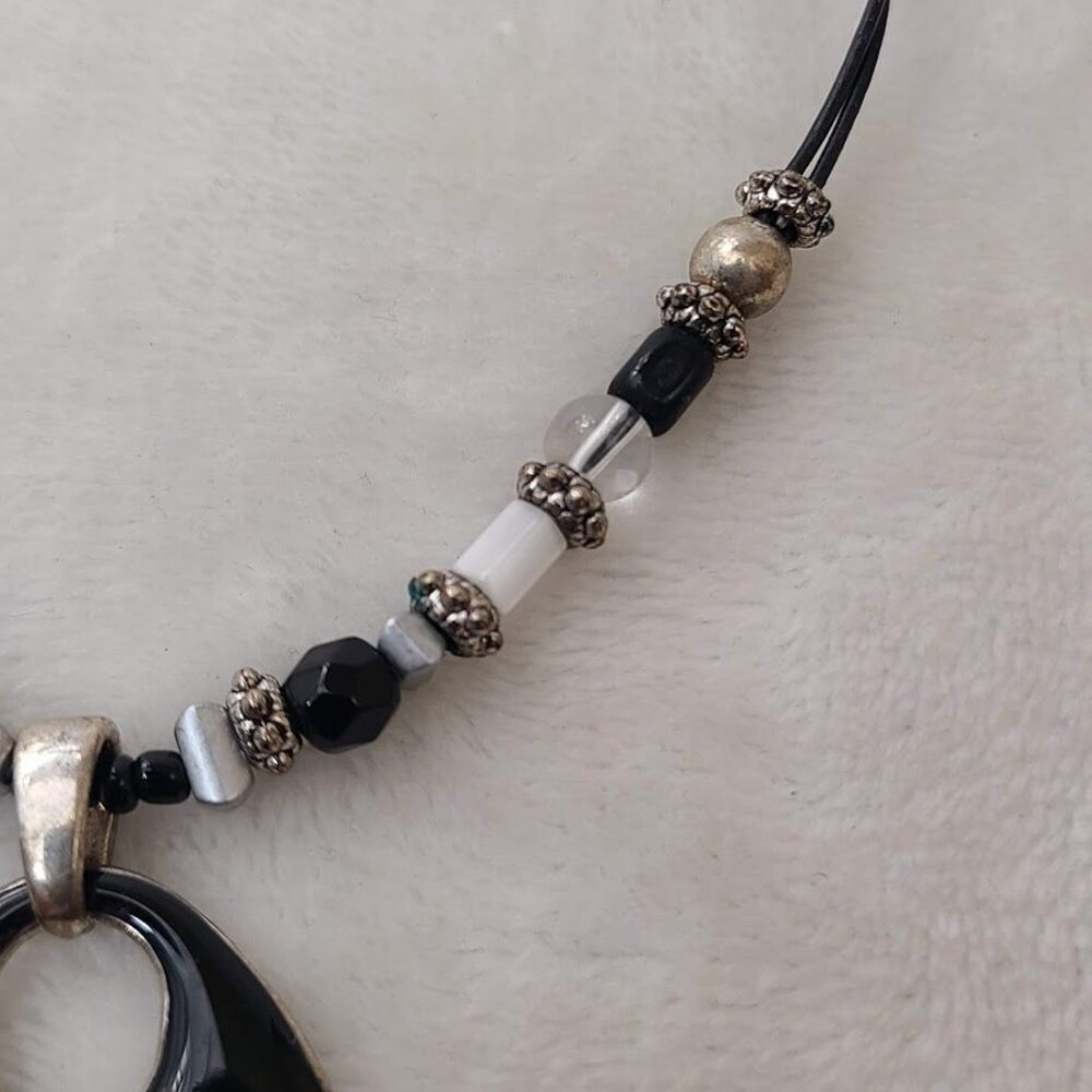 Beaded Black Pendant Statement Necklace  Adjustable Chain Silver-Tone Accents - Picture 8 of 11